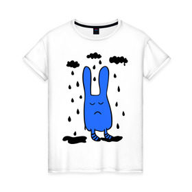 Женская футболка хлопок с принтом Грустный заяц в Тюмени, 100% хлопок | прямой крой, круглый вырез горловины, длина до линии бедер, слегка спущенное плечо | грустный заяц | дождь | животные | зайчик | заяц | облака
