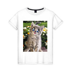 Женская футболка хлопок с принтом Котеночек в ромашках в Тюмени, 100% хлопок | прямой крой, круглый вырез горловины, длина до линии бедер, слегка спущенное плечо | домашние животные | котенок | котик | кошки