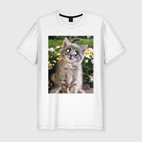 Мужская футболка премиум с принтом Котеночек в ромашках в Тюмени, 92% хлопок, 8% лайкра | приталенный силуэт, круглый вырез ворота, длина до линии бедра, короткий рукав | домашние животные | котенок | котик | кошки