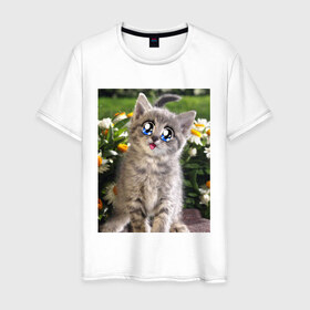 Мужская футболка хлопок с принтом Котеночек в ромашках в Тюмени, 100% хлопок | прямой крой, круглый вырез горловины, длина до линии бедер, слегка спущенное плечо. | домашние животные | котенок | котик | кошки