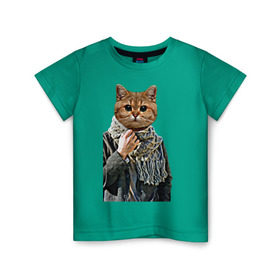 Детская футболка хлопок с принтом Котейка в шарфе в Тюмени, 100% хлопок | круглый вырез горловины, полуприлегающий силуэт, длина до линии бедер | cat | животное с телом человека | животные | киса | кот | котенок | кошка | кошка в пальто | тело человека голова животного | человек с головой животного