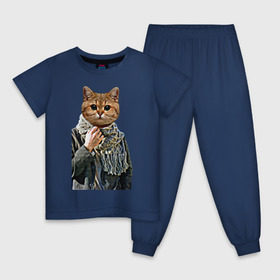 Детская пижама хлопок с принтом Котейка в шарфе в Тюмени, 100% хлопок |  брюки и футболка прямого кроя, без карманов, на брюках мягкая резинка на поясе и по низу штанин
 | cat | животное с телом человека | животные | киса | кот | котенок | кошка | кошка в пальто | тело человека голова животного | человек с головой животного