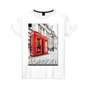 Женская футболка хлопок с принтом Телефонные будки Лондона в Тюмени, 100% хлопок | прямой крой, круглый вырез горловины, длина до линии бедер, слегка спущенное плечо | лондон
