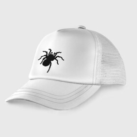 Детская кепка тракер с принтом Паук (spider) в Тюмени, Козырек - 100% хлопок. Кепка - 100% полиэстер, Задняя часть - сетка | универсальный размер, пластиковая застёжка | насекомые | паутина | паучок | черная вдова | черный паук
