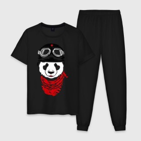 Мужская пижама хлопок с принтом Панда байкер в Тюмени, 100% хлопок | брюки и футболка прямого кроя, без карманов, на брюках мягкая резинка на поясе и по низу штанин
 | panda | медведь | медвежонок | мишка | мотоциклист | шлем