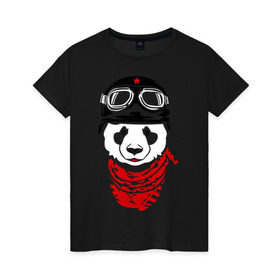 Женская футболка хлопок с принтом Панда байкер в Тюмени, 100% хлопок | прямой крой, круглый вырез горловины, длина до линии бедер, слегка спущенное плечо | panda | медведь | медвежонок | мишка | мотоциклист | шлем