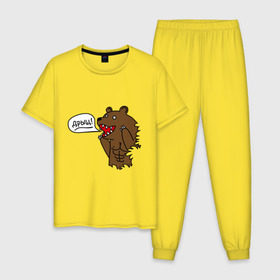 Мужская пижама хлопок с принтом Медведь качок (дрищ) в Тюмени, 100% хлопок | брюки и футболка прямого кроя, без карманов, на брюках мягкая резинка на поясе и по низу штанин
 | дрищ | интернет прикол | качалка | мусклы | мышцы | пресс | силовой спорт