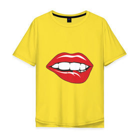 Мужская футболка хлопок Oversize с принтом Соблазняющие губы в Тюмени, 100% хлопок | свободный крой, круглый ворот, “спинка” длиннее передней части | губы | прикусывающий губы | сладкие губы | соблазняющие губы