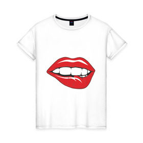 Женская футболка хлопок с принтом Соблазняющие губы в Тюмени, 100% хлопок | прямой крой, круглый вырез горловины, длина до линии бедер, слегка спущенное плечо | Тематика изображения на принте: губы | прикусывающий губы | сладкие губы | соблазняющие губы