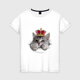 Женская футболка хлопок с принтом Pretty kitten в Тюмени, 100% хлопок | прямой крой, круглый вырез горловины, длина до линии бедер, слегка спущенное плечо | kitten | meow | meow kitten | киса | корона | корона на голове кота | кот | кот с короной | котик | котэ | котяра | кошка | прикольный кот