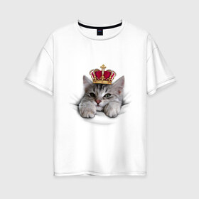 Женская футболка хлопок Oversize с принтом Pretty kitten в Тюмени, 100% хлопок | свободный крой, круглый ворот, спущенный рукав, длина до линии бедер
 | kitten | meow | meow kitten | киса | корона | корона на голове кота | кот | кот с короной | котик | котэ | котяра | кошка | прикольный кот