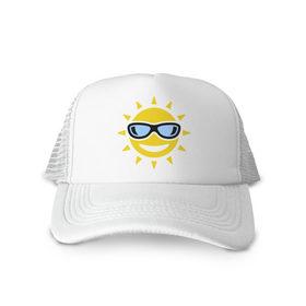 Кепка тракер с сеткой с принтом Солнышко в очках в Тюмени, трикотажное полотно; задняя часть — сетка | длинный козырек, универсальный размер, пластиковая застежка | smile | смайлики | смайлы | солнце | улыбка