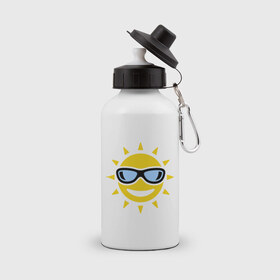 Бутылка спортивная с принтом Солнышко в очках в Тюмени, металл | емкость — 500 мл, в комплекте две пластиковые крышки и карабин для крепления | smile | смайлики | смайлы | солнце | улыбка