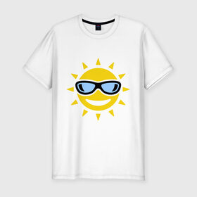 Мужская футболка премиум с принтом Солнышко в очках в Тюмени, 92% хлопок, 8% лайкра | приталенный силуэт, круглый вырез ворота, длина до линии бедра, короткий рукав | smile | смайлики | смайлы | солнце | улыбка