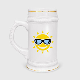 Кружка пивная с принтом Солнышко в очках в Тюмени,  керамика (Материал выдерживает высокую температуру, стоит избегать резкого перепада температур) |  объем 630 мл | smile | смайлики | смайлы | солнце | улыбка