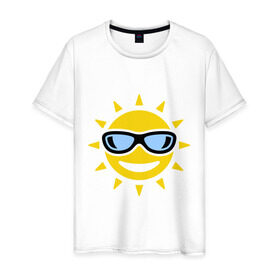 Мужская футболка хлопок с принтом Солнышко в очках в Тюмени, 100% хлопок | прямой крой, круглый вырез горловины, длина до линии бедер, слегка спущенное плечо. | smile | смайлики | смайлы | солнце | улыбка