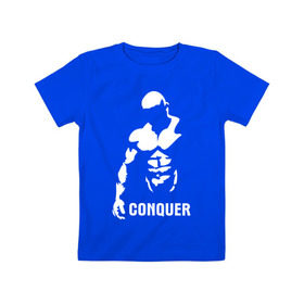 Детская футболка хлопок с принтом Conquer в Тюмени, 100% хлопок | круглый вырез горловины, полуприлегающий силуэт, длина до линии бедер | Тематика изображения на принте: bodybuilding | conquer | power | бодибилдинг | сила | силовой спорт | силовой экстрим | спорт