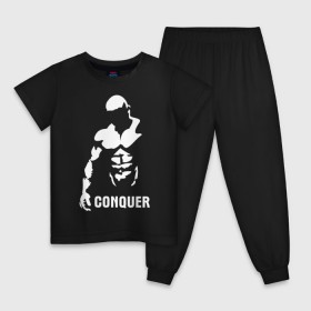 Детская пижама хлопок с принтом Conquer в Тюмени, 100% хлопок |  брюки и футболка прямого кроя, без карманов, на брюках мягкая резинка на поясе и по низу штанин
 | bodybuilding | conquer | power | бодибилдинг | сила | силовой спорт | силовой экстрим | спорт