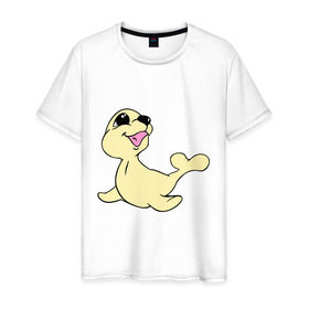 Мужская футболка хлопок с принтом Милый тюлень в Тюмени, 100% хлопок | прямой крой, круглый вырез горловины, длина до линии бедер, слегка спущенное плечо. | веселый тюлень | животные | забавный тюлень | милый тюлень | морской лев | тюлень