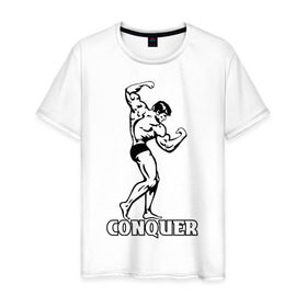 Мужская футболка хлопок с принтом Conquer (побеждать). в Тюмени, 100% хлопок | прямой крой, круглый вырез горловины, длина до линии бедер, слегка спущенное плечо. | 