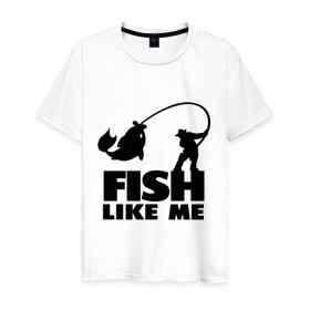 Мужская футболка хлопок с принтом Fish like me. в Тюмени, 100% хлопок | прямой крой, круглый вырез горловины, длина до линии бедер, слегка спущенное плечо. | Тематика изображения на принте: для рыбаков | рыба меня любит | рыбакам | рыбалка