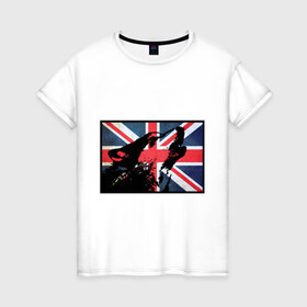 Женская футболка хлопок с принтом Британский волк в Тюмени, 100% хлопок | прямой крой, круглый вырез горловины, длина до линии бедер, слегка спущенное плечо | волк | волк флаг британии | дикое животное | собака | флаг британии | хищник