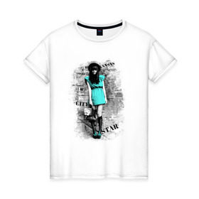 Женская футболка хлопок с принтом City star в Тюмени, 100% хлопок | прямой крой, круглый вырез горловины, длина до линии бедер, слегка спущенное плечо | газетный принт | газеты | девушка | фотография девушки