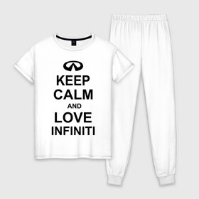 Женская пижама хлопок с принтом keep calm and love infiniti в Тюмени, 100% хлопок | брюки и футболка прямого кроя, без карманов, на брюках мягкая резинка на поясе и по низу штанин | автомобили | машины | сохраняй спокойствие и люби инфинити | тачки