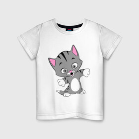 Детская футболка хлопок с принтом Веселый котенок в Тюмени, 100% хлопок | круглый вырез горловины, полуприлегающий силуэт, длина до линии бедер | 