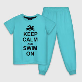 Детская пижама хлопок с принтом Keep calm and swim on. в Тюмени, 100% хлопок |  брюки и футболка прямого кроя, без карманов, на брюках мягкая резинка на поясе и по низу штанин
 | Тематика изображения на принте: keep calm | keep calm and swim on | плавание | пловец