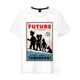 Мужская футболка хлопок с принтом Futurama poster в Тюмени, 100% хлопок | прямой крой, круглый вырез горловины, длина до линии бедер, слегка спущенное плечо. | futurama | future is today | бендер | лила | постер футурамы | фрай | футурама
