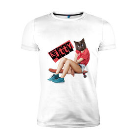 Мужская футболка премиум с принтом Kitty в Тюмени, 92% хлопок, 8% лайкра | приталенный силуэт, круглый вырез ворота, длина до линии бедра, короткий рукав | kitty | девочка киса | девочка на скейтборде | девочка с головой кошки | киса | китти