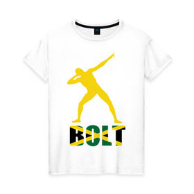 Женская футболка хлопок с принтом Усейн Болт в Тюмени, 100% хлопок | прямой крой, круглый вырез горловины, длина до линии бедер, слегка спущенное плечо | бегун | легкая атлетика | легкоатлет | спорт | спортсмен