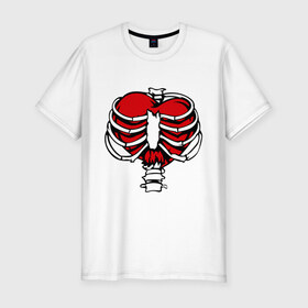 Мужская футболка премиум с принтом Ребра и сердце. в Тюмени, 92% хлопок, 8% лайкра | приталенный силуэт, круглый вырез ворота, длина до линии бедра, короткий рукав | скелет