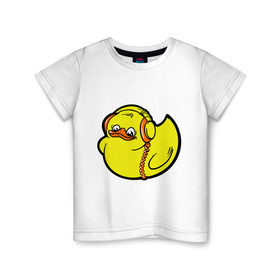 Детская футболка хлопок с принтом Утенок в наушниках в Тюмени, 100% хлопок | круглый вырез горловины, полуприлегающий силуэт, длина до линии бедер | club | клубная музыка | музыка | наушники | утка