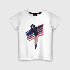 Детская футболка хлопок с принтом American girl в Тюмени, 100% хлопок | круглый вырез горловины, полуприлегающий силуэт, длина до линии бедер | Тематика изображения на принте: swag | usa | америка | американский флаг | девушка | сша