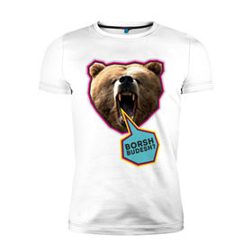 Мужская футболка премиум с принтом Borsh budesh в Тюмени, 92% хлопок, 8% лайкра | приталенный силуэт, круглый вырез ворота, длина до линии бедра, короткий рукав | dtg | борщ будешь | медведь | пасть | прикольные картинки | русские