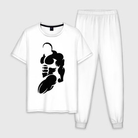 Мужская пижама хлопок с принтом Бодибилдер (Культурист). в Тюмени, 100% хлопок | брюки и футболка прямого кроя, без карманов, на брюках мягкая резинка на поясе и по низу штанин
 | bodybuilding | power | sport | мощь | мускулы | мышцы | сила | спорт