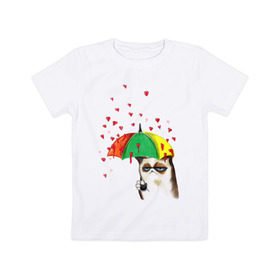 Детская футболка хлопок с принтом Угрюмый кот с сердечками в Тюмени, 100% хлопок | круглый вырез горловины, полуприлегающий силуэт, длина до линии бедер | grumpy cat | зонтик | котяра | кошак | кошара | любовь | настроение | сердца | унылый | хмурый