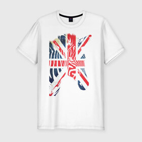 Мужская футболка премиум с принтом Британская зебра в Тюмени, 92% хлопок, 8% лайкра | приталенный силуэт, круглый вырез ворота, длина до линии бедра, короткий рукав | Тематика изображения на принте: dtg | england | англия | британия | британский флаг | великобритания | животные | прикольные картинки