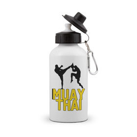 Бутылка спортивная с принтом Муай тай (Muay Thai). в Тюмени, металл | емкость — 500 мл, в комплекте две пластиковые крышки и карабин для крепления | Тематика изображения на принте: бойцы | бокс | боксеры | спортивные | тайский бокс