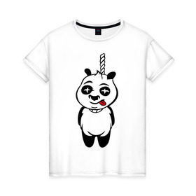 Женская футболка хлопок с принтом Панда повесилась. в Тюмени, 100% хлопок | прямой крой, круглый вырез горловины, длина до линии бедер, слегка спущенное плечо | панда
