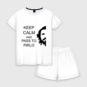 Женская пижама с шортиками хлопок с принтом Keep calm and pass to Pirlo в Тюмени, 100% хлопок | футболка прямого кроя, шорты свободные с широкой мягкой резинкой | мяч | пасуй | передача | пирло | спорт | спортивные | спортсмен | футбол | футболист