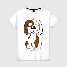 Женская футболка хлопок с принтом Забавный щенок в Тюмени, 100% хлопок | прямой крой, круглый вырез горловины, длина до линии бедер, слегка спущенное плечо | домашние животные | животные | собака | собачка | щенок