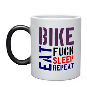 Кружка хамелеон с принтом Bike eat sleep repeat в Тюмени, керамика | меняет цвет при нагревании, емкость 330 мл | Тематика изображения на принте: bicycle | bike | bike eat sleep repeat | eat | repeat | sleep | велик | велосипед | велосипедист