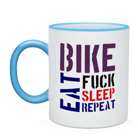 Кружка двухцветная с принтом Bike eat sleep repeat в Тюмени, керамика | объем — 330 мл, диаметр — 80 мм. Цветная ручка и кайма сверху, в некоторых цветах — вся внутренняя часть | Тематика изображения на принте: bicycle | bike | bike eat sleep repeat | eat | repeat | sleep | велик | велосипед | велосипедист