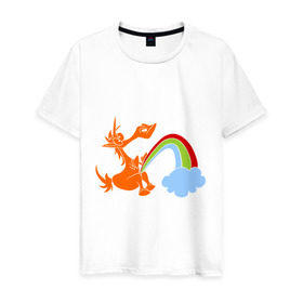 Мужская футболка хлопок с принтом Писающий единорог в Тюмени, 100% хлопок | прямой крой, круглый вырез горловины, длина до линии бедер, слегка спущенное плечо. | Тематика изображения на принте: unicorn | единорог | единорог и радуга | облако с радугой | прикольный единорог | радуга | радуга из единорога
