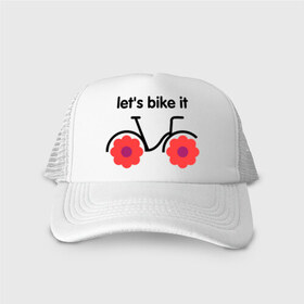 Кепка тракер с сеткой с принтом Цветочный велик в Тюмени, трикотажное полотно; задняя часть — сетка | длинный козырек, универсальный размер, пластиковая застежка | Тематика изображения на принте: bike | lets bike it | ride | байк | велик | велогонщик | велопробег | велосипед | велосипедист | велоспорт | кататься | прокатись | цветок | цветы