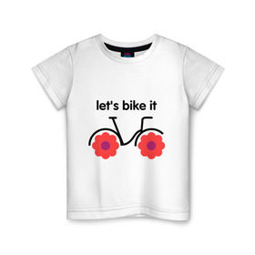 Детская футболка хлопок с принтом Цветочный велик в Тюмени, 100% хлопок | круглый вырез горловины, полуприлегающий силуэт, длина до линии бедер | Тематика изображения на принте: bike | lets bike it | ride | байк | велик | велогонщик | велопробег | велосипед | велосипедист | велоспорт | кататься | прокатись | цветок | цветы
