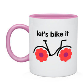 Кружка двухцветная с принтом Цветочный велик в Тюмени, керамика | объем — 330 мл, диаметр — 80 мм. Цветная ручка и кайма сверху, в некоторых цветах — вся внутренняя часть | bike | lets bike it | ride | байк | велик | велогонщик | велопробег | велосипед | велосипедист | велоспорт | кататься | прокатись | цветок | цветы